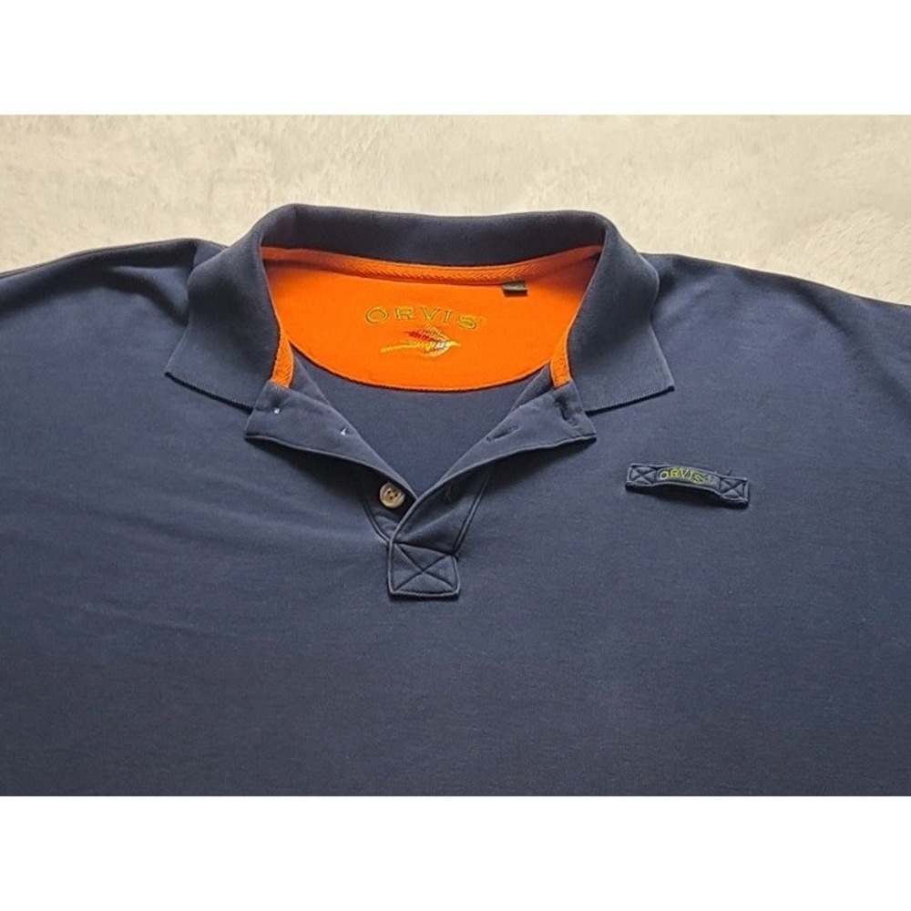 Orvis Men's XXL Short Sleeve Polo Shirt Navy Blue Orange Contrast Pique Knit - Picture 5 of 14